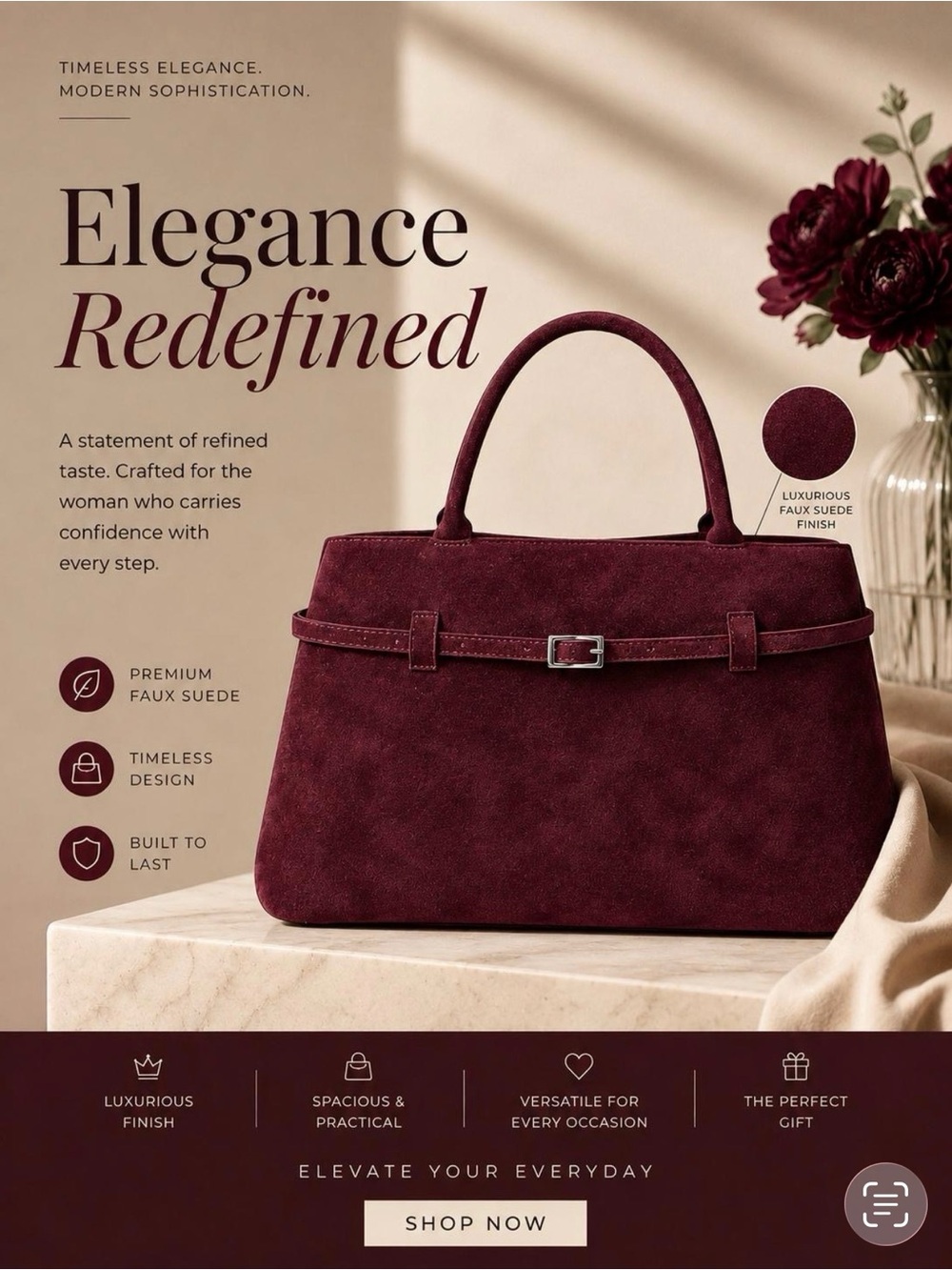 Burgundy Faux Suede Top-Handle Bag - Elegant Women’s Handbag